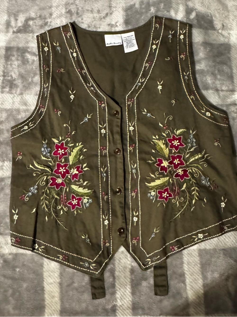 Vintage 90s Bobbie Brooks Embroidered Floral Cotton Vest Green Medium